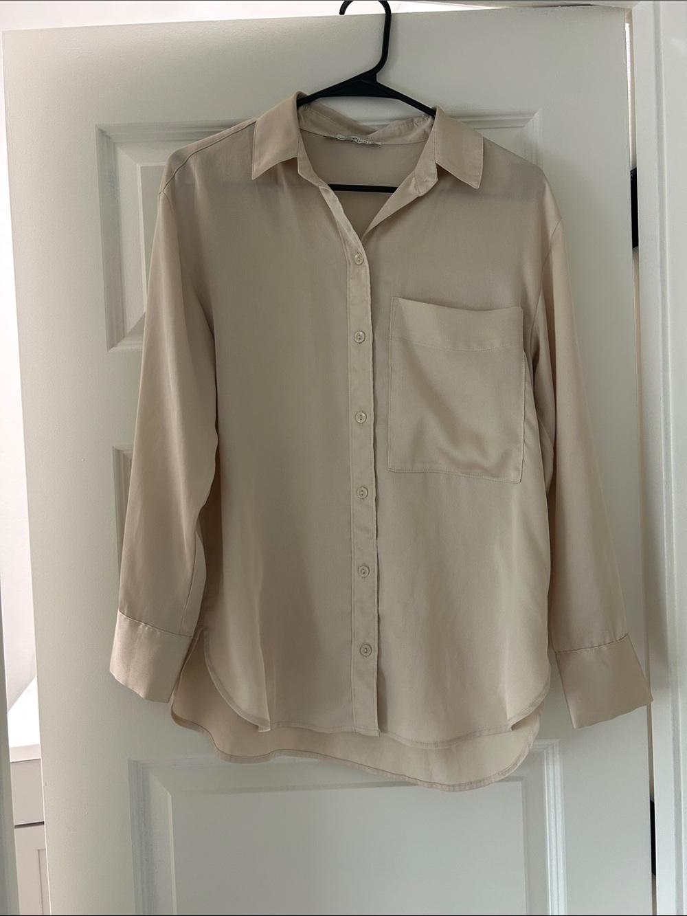 Abercrombie & Fitch Beige Satin Oversized Button-Down Pocket Shirt